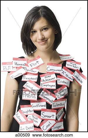 Woman wearing labels View Large Photo Image Stock Photo - Woman wearing labels. Fotosearch