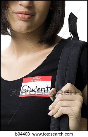 Woman wearing student label with backpack View Large Photo Image Stock Image - Woman wearing student label with backpack. Fotosearch