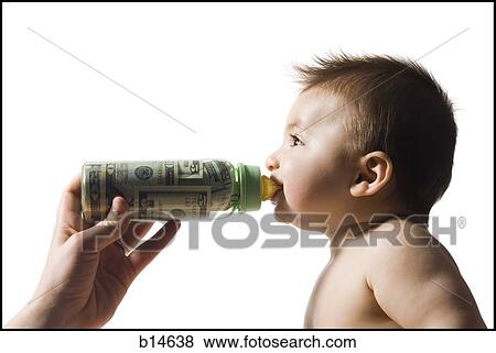 Baby drinking from bottle with US currency in it View Large Photo Image Stock Photo - Baby drinking from bottle with US currency in it. Fotosearch