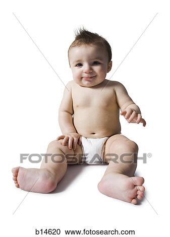 Stock Image - Baby sitting in diaper. Fotosearch