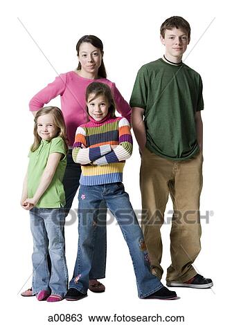 Stock Image - Brother and sisters posing for family photograph. Fotosearch