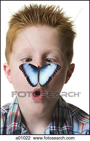 Stock Image - Close-up of a boy looking at a butterfly on his nose. Fotosearch