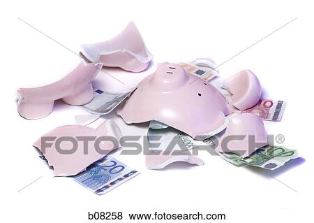 Close-up of a broken piggy bank with Euro notes View Large Photo Image Stock Photo - Close-up of a broken piggy bank with Euro notes. Fotosearch