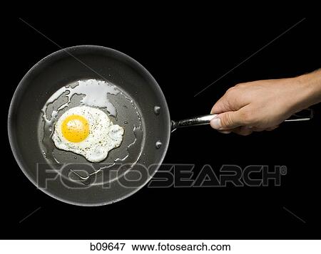 Close-up of a person's hand holding a frying pan with a fried egg View Large Photo Image Stock Photo - Close-up of a person's hand holding a frying pan with a fried egg. Fotosearch