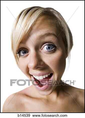 Closeup of woman with mouth open and blue eyes View Large Photo Image Stock Photo - Closeup of woman with mouth open and blue eyes. Fotosearch