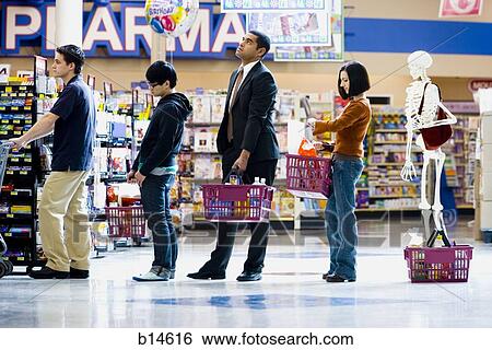 Four people and a skeleton in grocery store lineup View Large Photo Image Stock Photograph - Four people and a skeleton in grocery store lineup. Fotosearch
