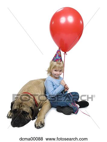 Girl with balloon party hat and dog View Large Photo Image Stock Photo - Girl with balloon party hat and dog. Fotosearch