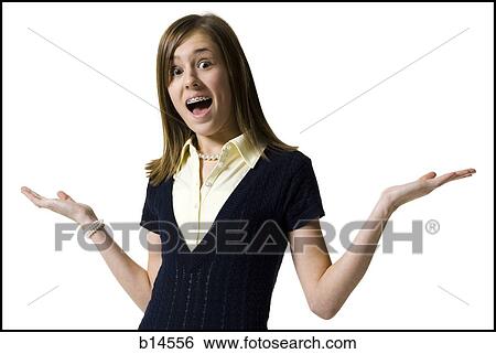 Girl with braces shrugging View Large Photo Image Stock Photograph - Girl with braces shrugging. Fotosearch