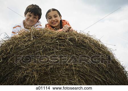 Portrait of a boy and his sister lying on top of a haystack View Large Photo Image Picture - Portrait of a boy and his sister lying on top of a haystack. Fotosearch