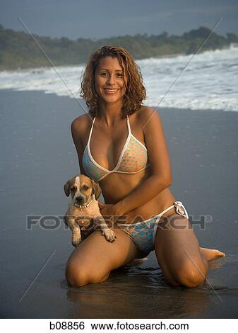 Portrait of a woman holding a dog on the beach View Large Photo Image Stock Photograph - Portrait of a woman holding a dog on the beach. Fotosearch