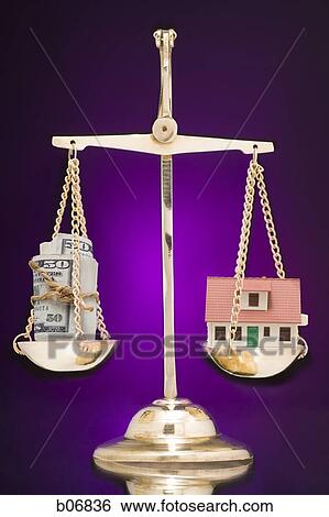 Scale balancing house and roll of banknotes View Large Photo Image Stock Photograph - Scale balancing house and roll of banknotes. Fotosearch