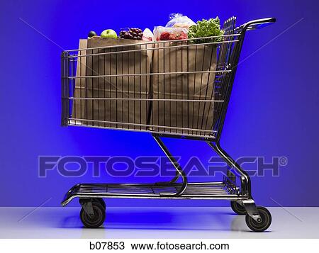 Shopping cart with two bags of groceries View Large Photo Image Stock Image - Shopping cart with two bags of groceries. Fotosearch