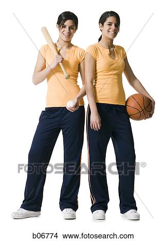 Picture - Sisters with sporting goods. Fotosearch