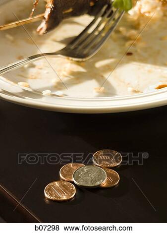 Soiled plate with fork and small change View Large Photo Image Stock Photo - Soiled plate with fork and small change. Fotosearch