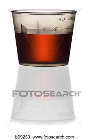 Stock Image - Syrup in a plastic measuring cup. Fotosearch