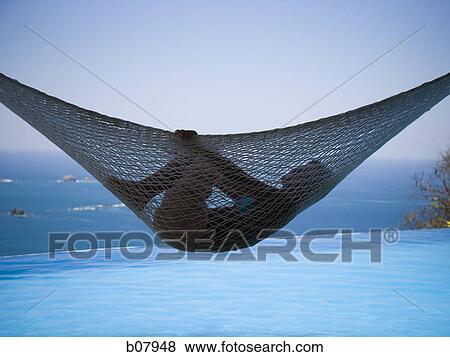 Woman relaxing in a hammock overlooking infinity pool View Large Photo Image Stock Photo - Woman relaxing in a hammock overlooking infinity pool. Fotosearch