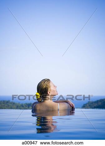 Stock Photo - Woman relaxing in infinity pool. Fotosearch