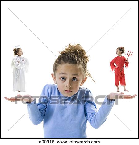Young girl choosing between little devil and angel View Large Photo Image Stock Photograph - Young girl choosing between little devil and angel. Fotosearch