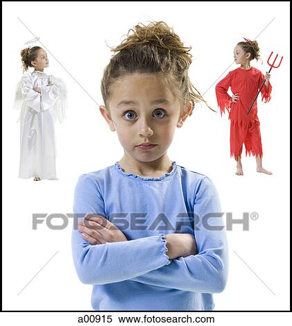 Young girl choosing between little devil and angel View Large Photo Image Stock Photography - Young girl choosing between little devil and angel. Fotosearch