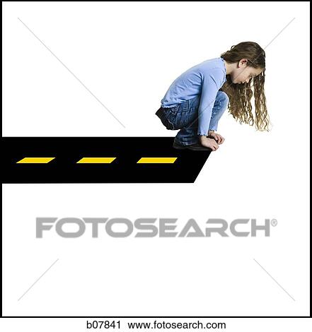 Young girl crouching at the end of a road View Large Photo Image Stock Image - Young girl crouching at the end of a road. Fotosearch