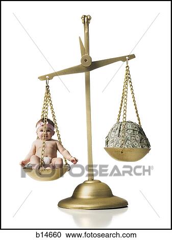 Stock Image - Baby girl on scale with pile of money. Fotosearch