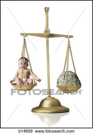 Baby girl on scale with pile of money View Large Photo Image Stock Photo - Baby girl on scale with pile of money. Fotosearch