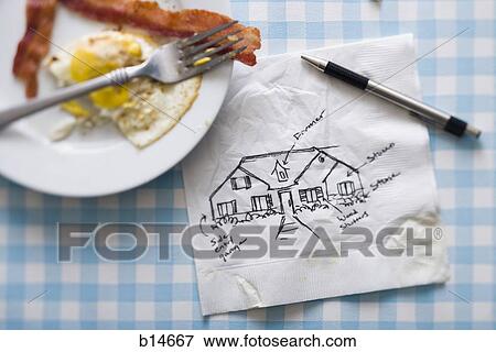 Bacon and eggs with fork and napkin with pen and sketch of house View Large Photo Image Stock Photo - Bacon and eggs with fork and napkin with pen and sketch of house. Fotosearch