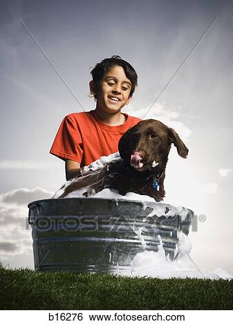 Boy bathing dog outdoors on cloudy day smiling View Large Photo Image Stock Photograph - Boy bathing dog outdoors on cloudy day smiling. Fotosearch