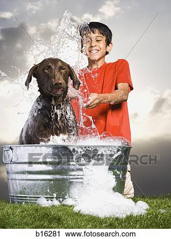 Boy bathing dog outdoors smiling View Large Photo Image Stock Image - Boy bathing dog outdoors smiling. Fotosearch
