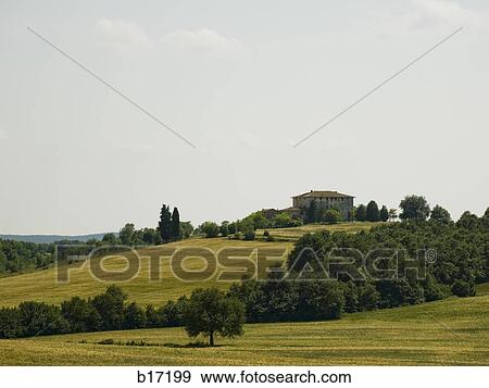 Building on hill with trees and sky View Large Photo Image Stock Photo - Building on hill with trees and sky. Fotosearch