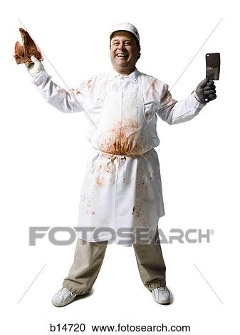 Butcher standing with knife and steak smiling View Large Photo Image Stock Image - Butcher standing with knife and steak smiling. Fotosearch