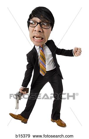 Caricature of businessman pointing shotgun at foot View Large Photo Image Stock Photo - Caricature of businessman pointing shotgun at foot. Fotosearch