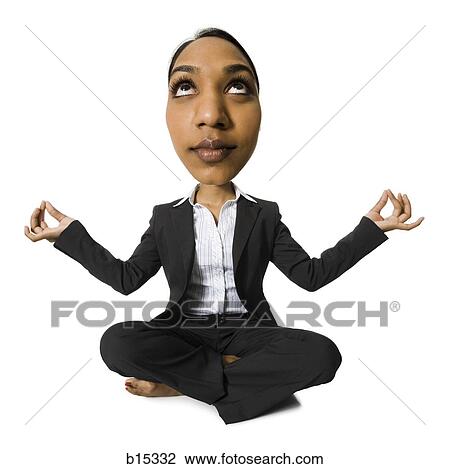 Stock Image - Caricature of businesswoman sitting cross legged doing yoga. Fotosearch