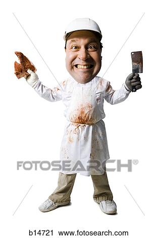 Stock Image - Caricature of butcher standing with knife and steak smiling. Fotosearch