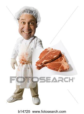Caricature of butcher with steaks and hair net View Large Photo Image Stock Photography - Caricature of butcher with steaks and hair net. Fotosearch