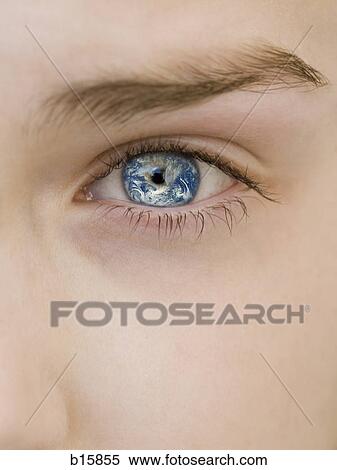Close-up of woman's eye with earth reflection View Large Photo Image Stock Photography - Close-up of woman's eye with earth reflection. Fotosearch