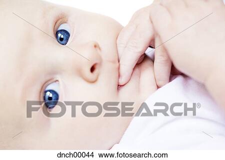 Closeup of baby with fingers in mouth and blue eyes View Large Photo Image Picture - Closeup of baby with fingers in mouth and blue eyes. Fotosearch