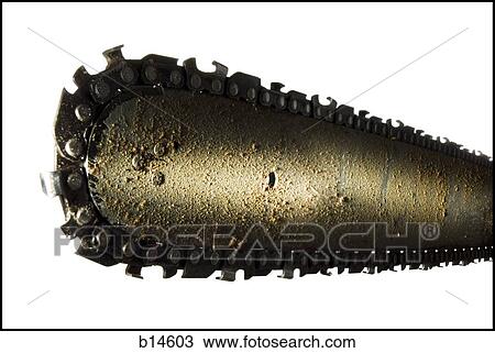 Stock Image - Detailed view of dirty chainsaw. Fotosearch