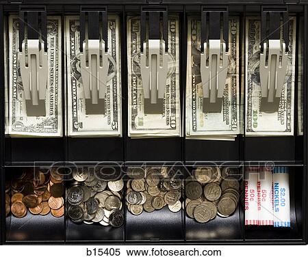 Detailed view of US currency and coins in till View Large Photo Image Stock Photography - Detailed view of US currency and coins in till. Fotosearch