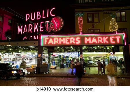 Farmers market neon sign at night in city View Large Photo Image Stock Image - Farmers market neon sign at night in city. Fotosearch