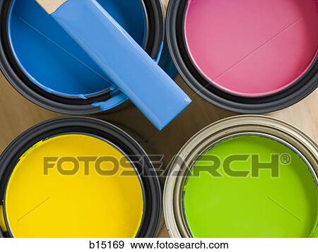 Four paint cans and stir stick from above View Large Photo Image Stock Photo - Four paint cans and stir stick from above. Fotosearch