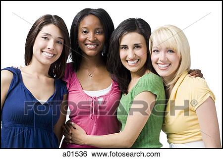 Four women hugging and smiling View Large Photo Image Stock Photograph - Four women hugging and smiling. Fotosearch