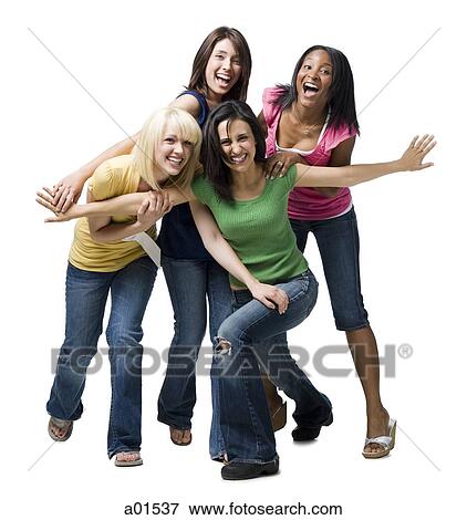 Stock Photo - Four women laughing and playing. Fotosearch