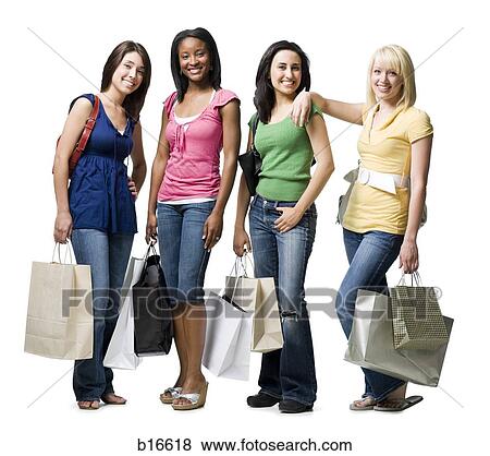 Four women with shopping bags smiling View Large Photo Image Stock Photo - Four women with shopping bags smiling. Fotosearch