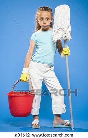 Girl holding mop and bucket with rubber gloves View Large Photo Image Stock Image - Girl holding mop and bucket with rubber gloves. Fotosearch
