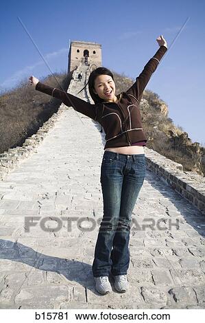 Girl with arms up standing on path at Great Wall of China View Large Photo Image Stock Image - Girl with arms up standing on path at Great Wall of China. Fotosearch
