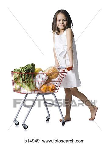 Stock Photo - Girl with grocery cart. Fotosearch