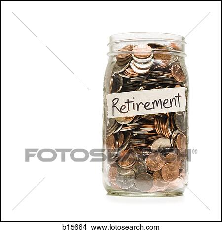 Picture - Glass jar with change and Retirement label. Fotosearch