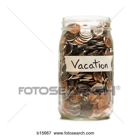 Glass jar with change and vacation label View Large Photo Image Stock Photo - Glass jar with change and vacation label. Fotosearch