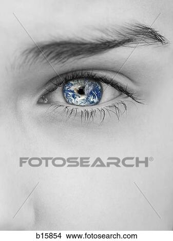 Grayscale close-up of woman's eye with earth reflection View Large Photo Image Picture - Grayscale close-up of woman's eye with earth reflection. Fotosearch